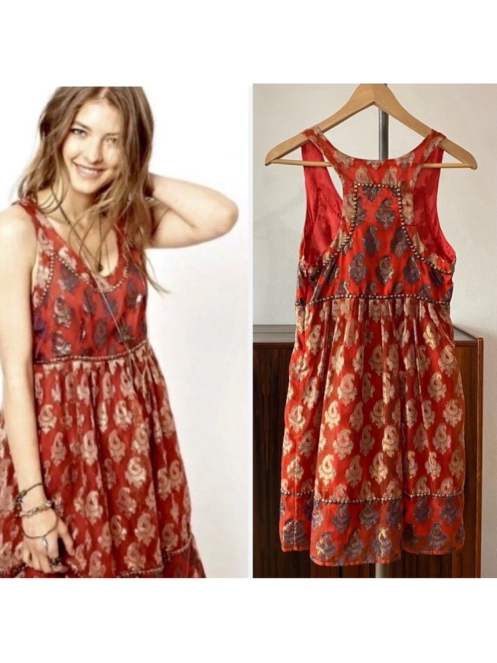 Free People Red Embellished Sleeveless Mini Dress Bohemian